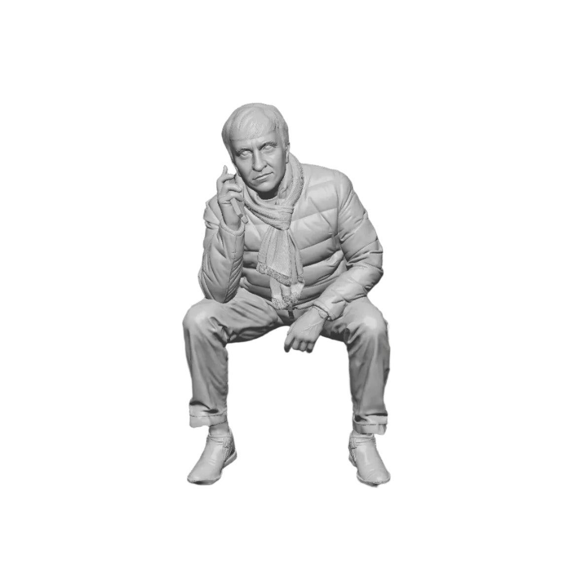 Seated man in winter jacket