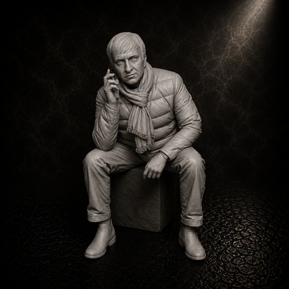 Seated man in winter jacket